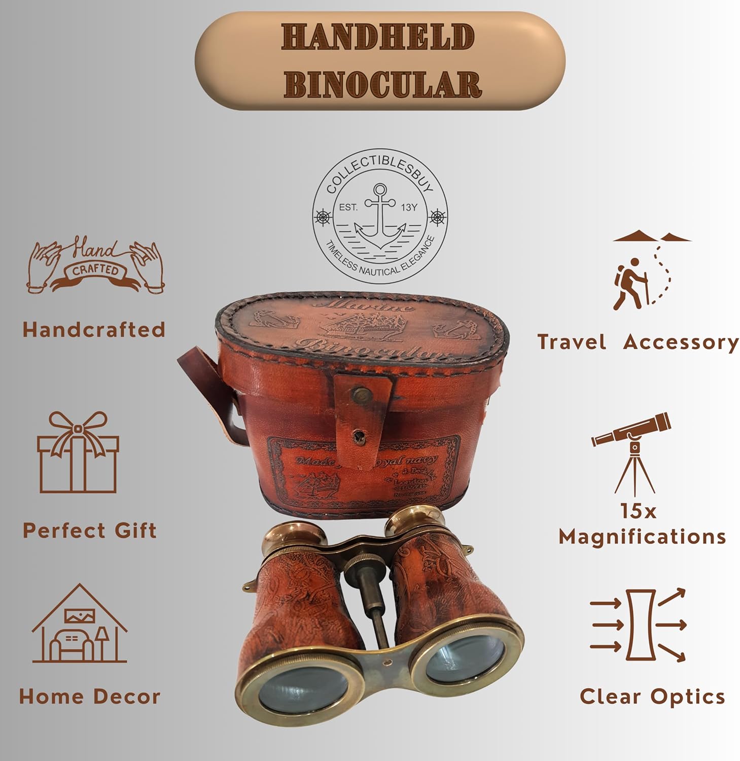 Leather Wrapped Brass Binocular with Matching Leather Case view 5