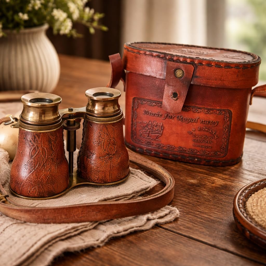 Leather Wrapped Brass Binocular with Matching Leather Case view 8