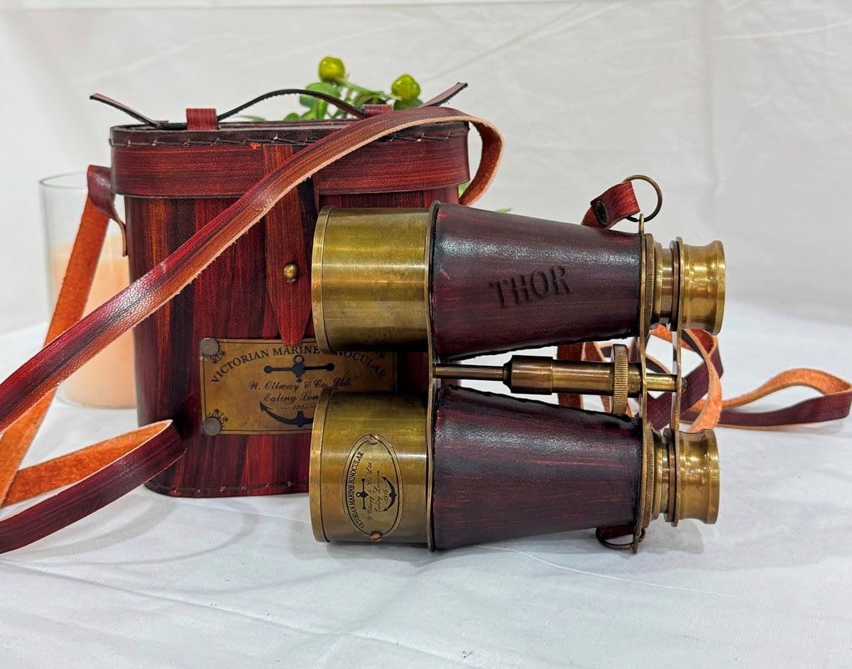 Polished Brass Binocular with Dark Brown Leather Wrap and Case view 6