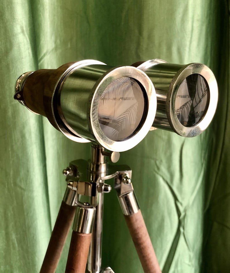 Brass Binocular with Brown Leather Wrap and Matching Tripod Stand view 2