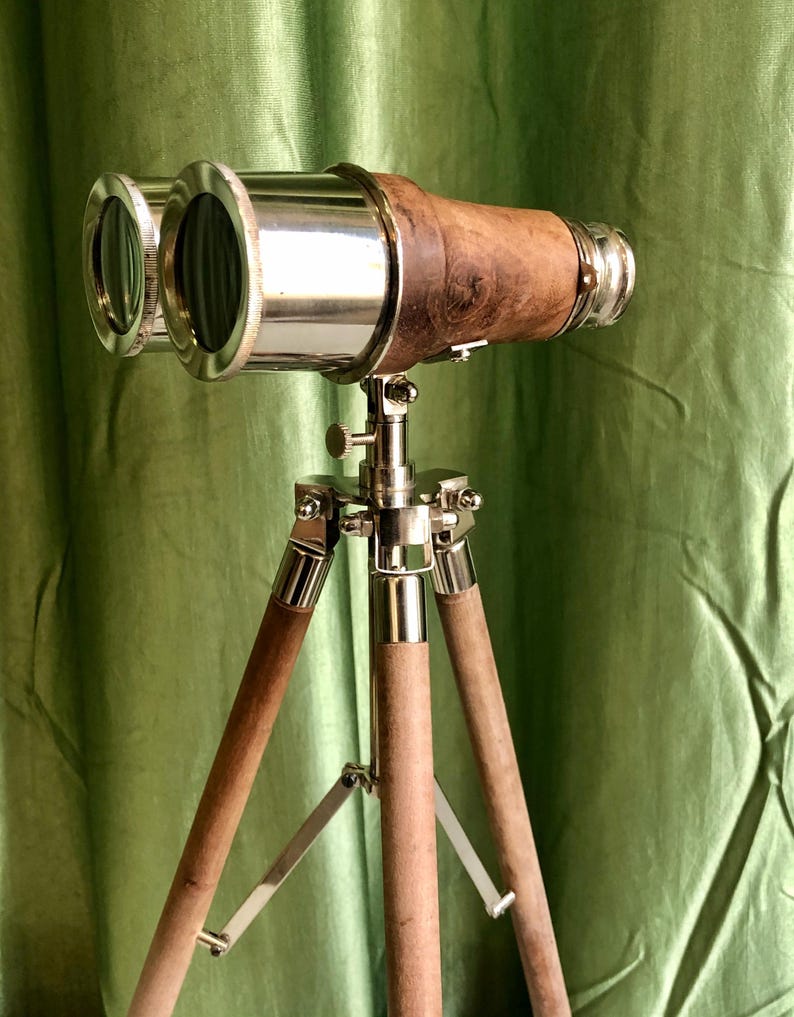 Brass Binocular with Brown Leather Wrap and Matching Tripod Stand view 4