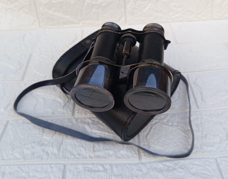 All Black Leather Wrapped Brass Binocular with Leather Case and Belt view 2