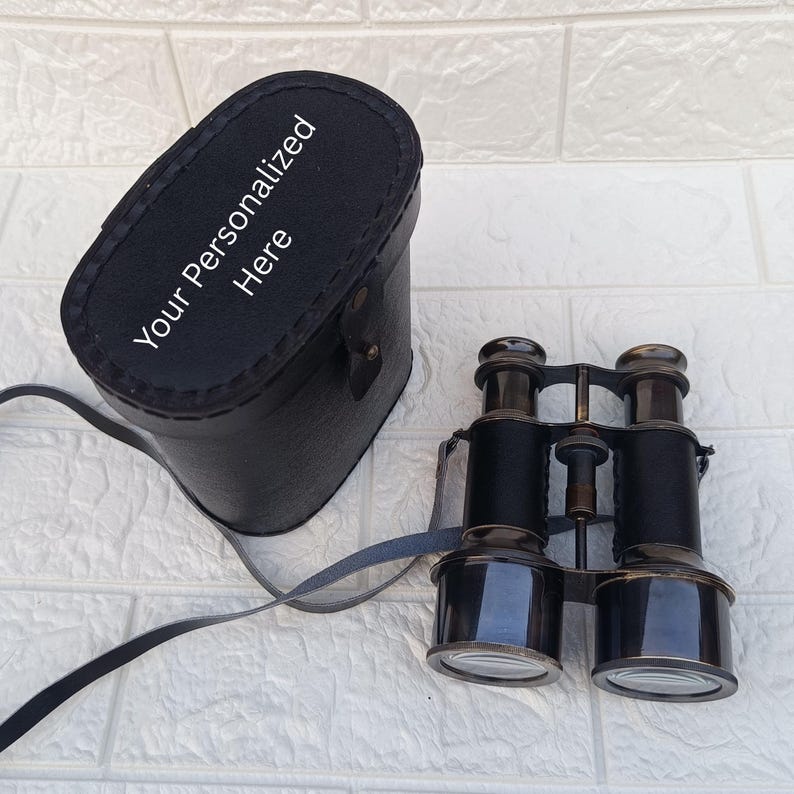 All Black Leather Wrapped Brass Binocular with Leather Case and Belt view 5