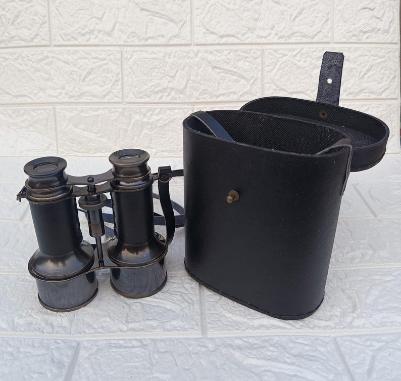 All Black Leather Wrapped Brass Binocular with Leather Case and Belt view 8