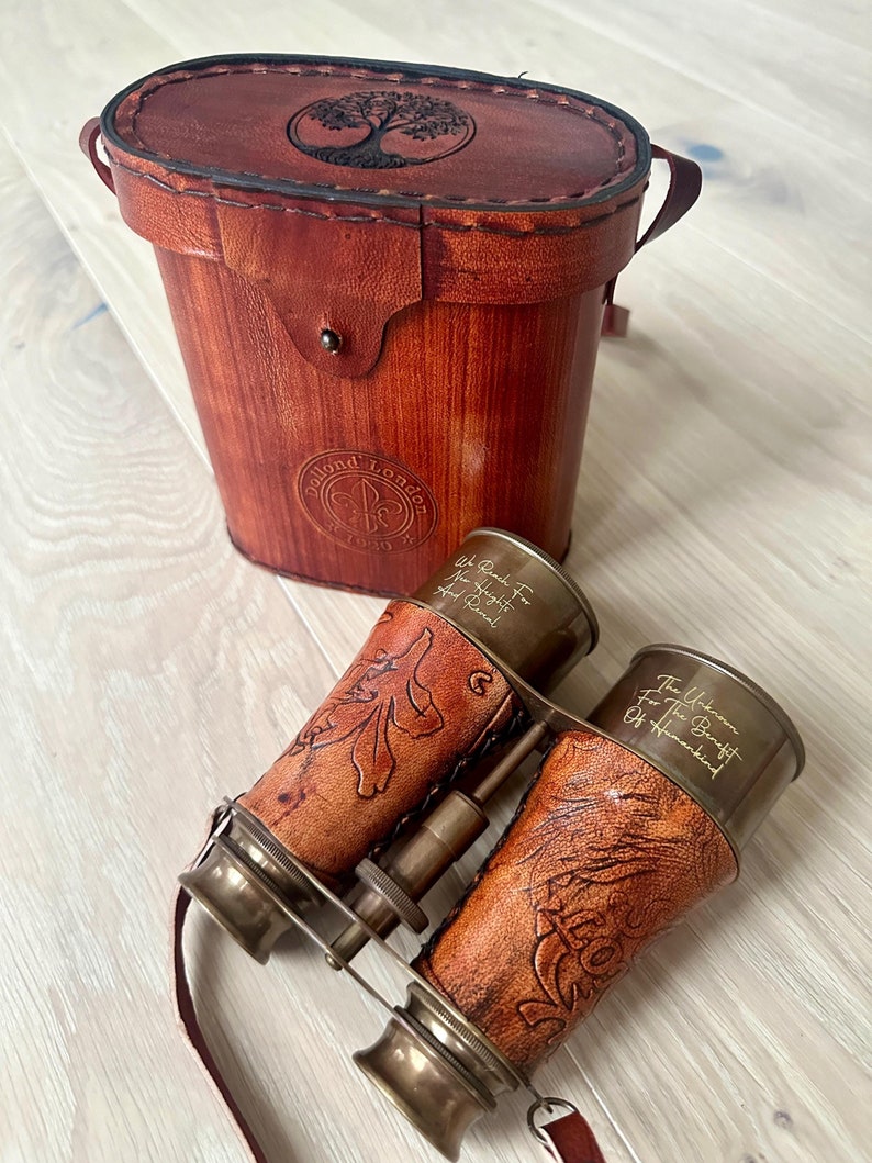 Antique Brass Binocular with Red Engraved Leather Wrap and Case view 5