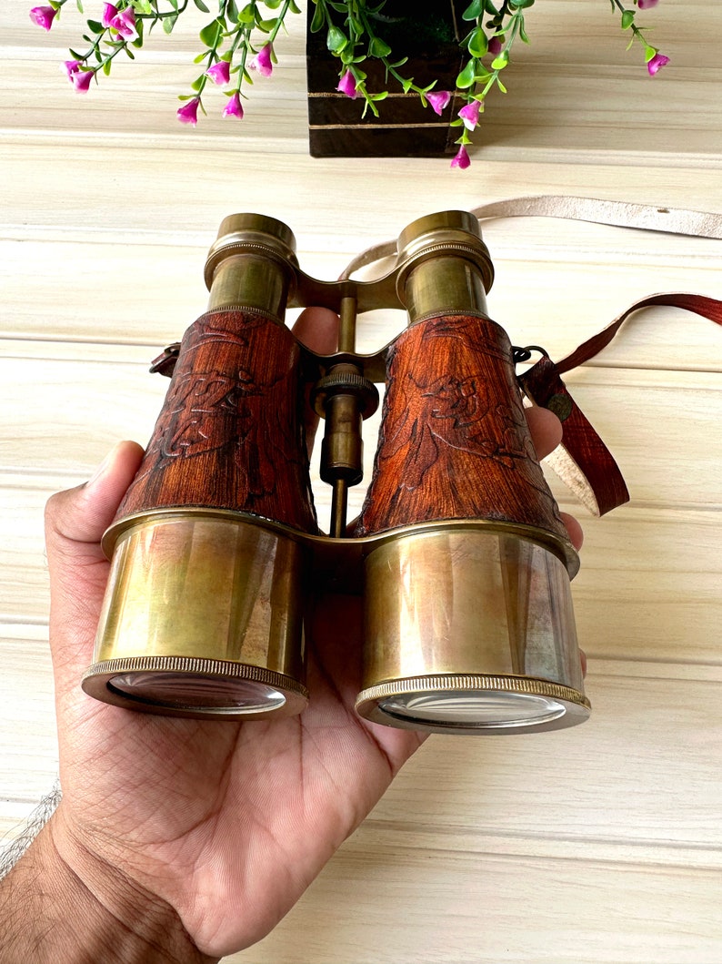 Antique Brass Binocular with Red Engraved Leather Wrap and Case view 9