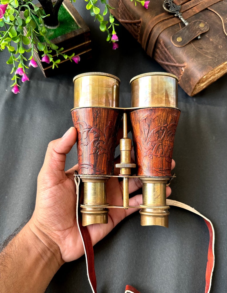 Antique Brass Binocular with Red Engraved Leather Wrap and Case view 11