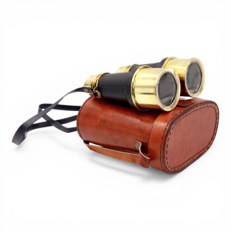 Black Leather Wrapped Brass Binocular with Red Leather Case view 10