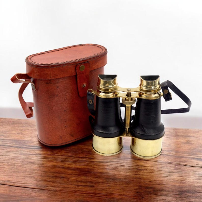 Black Leather Wrapped Brass Binocular with Red Leather Case view 13
