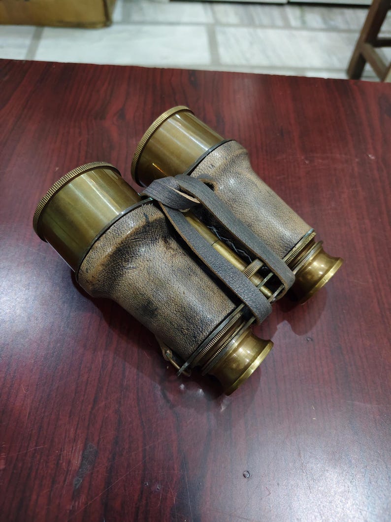 Antique Brass Binocular with Grey Buffed Leather Wrap and Belt view 5