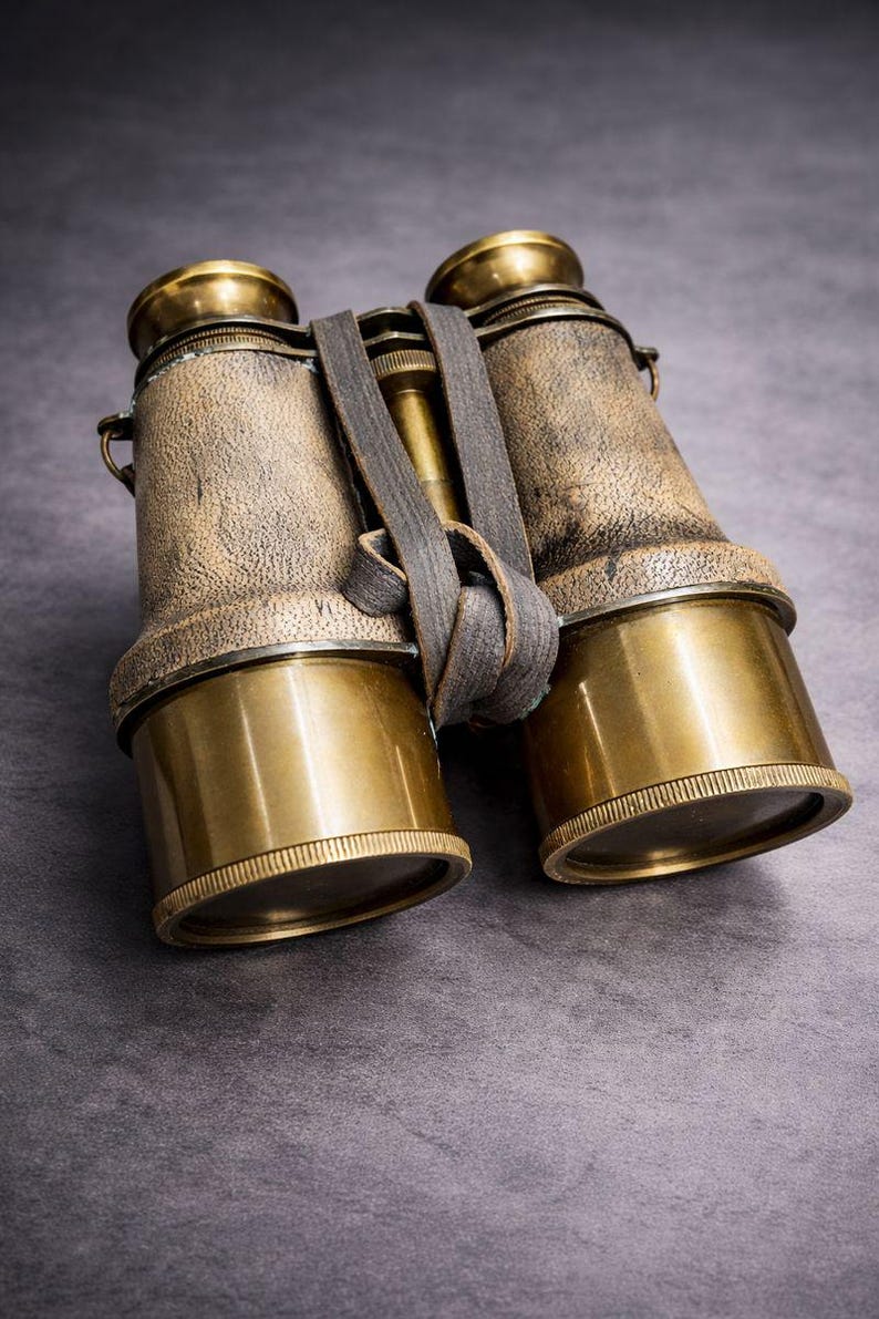 Antique Brass Binocular with Grey Buffed Leather Wrap and Belt view 13