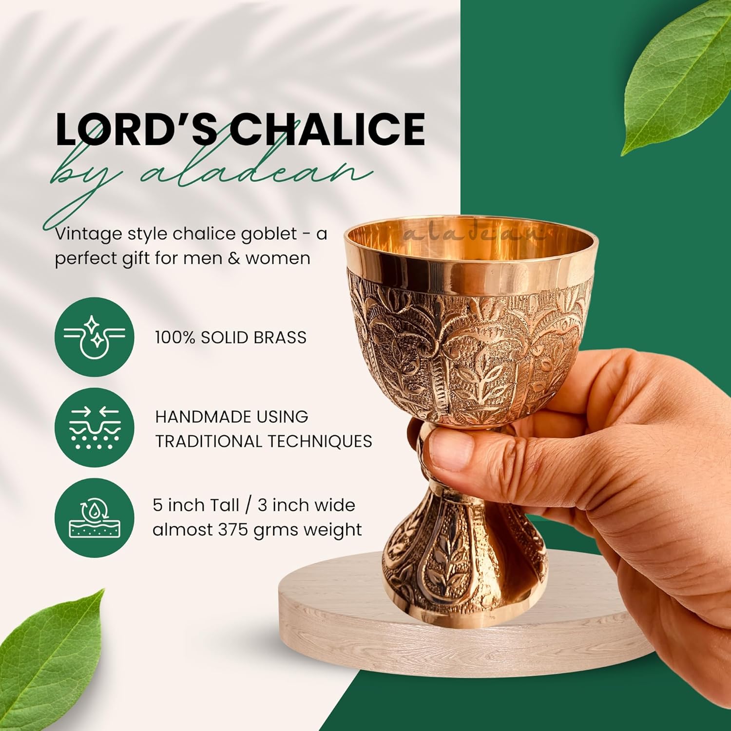 Solid Brass Goblet with Lord's Floral Embossing view 3