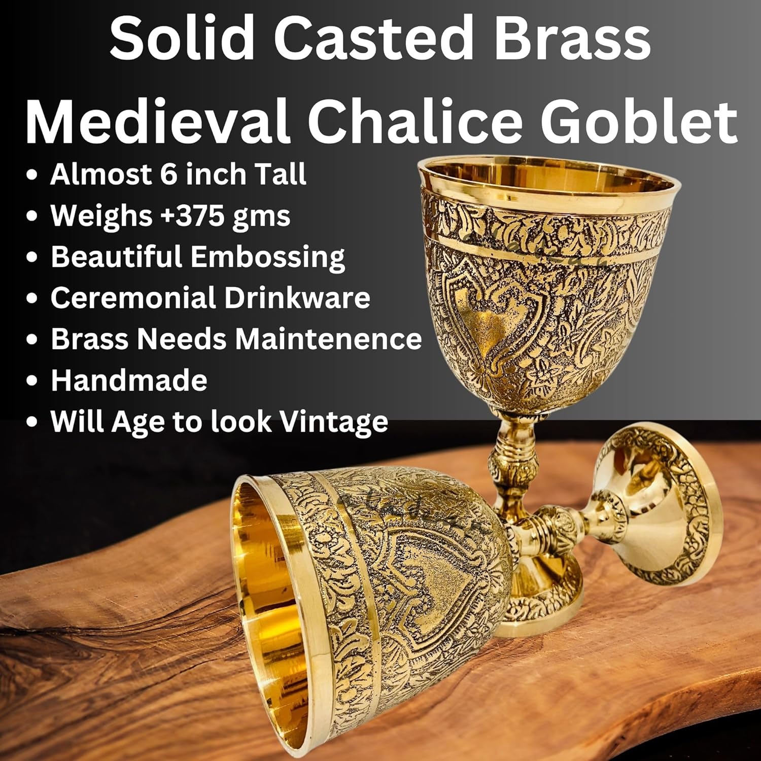 Solid Brass Goblet with Roman Embossed Design view 3