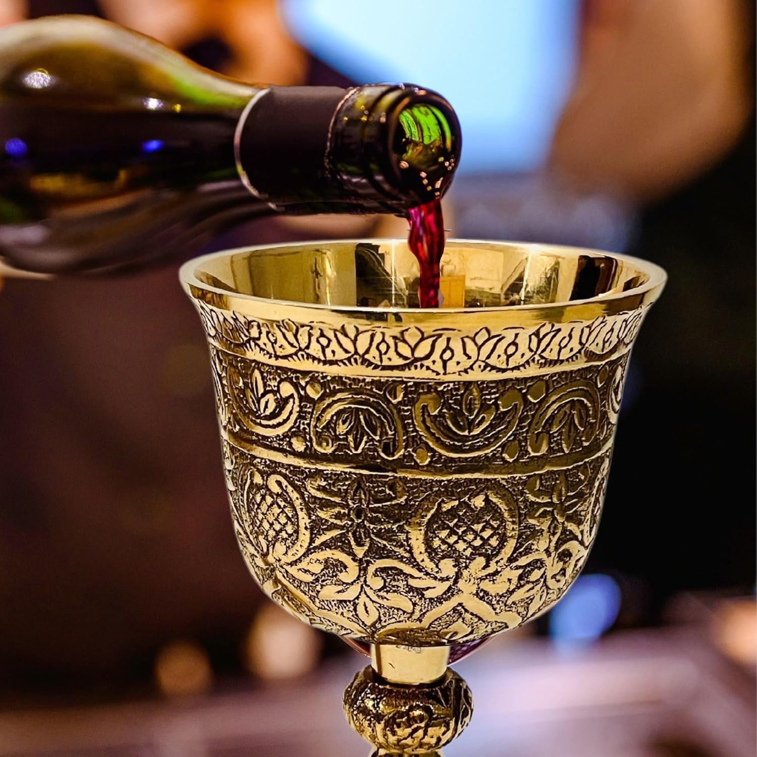 Embossed Brass Goblet with King Floral Design view 2