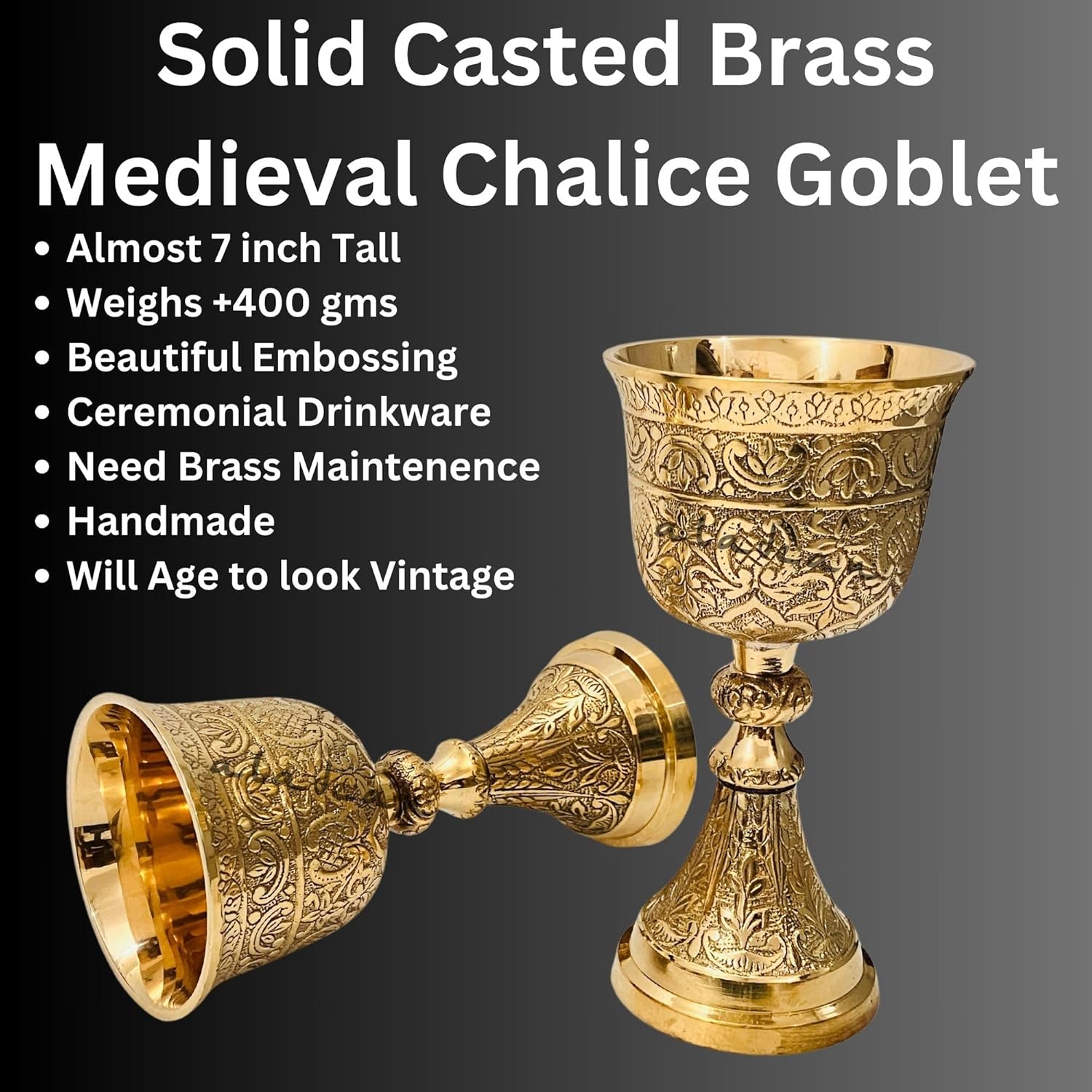 Embossed Brass Goblet with King Floral Design view 3