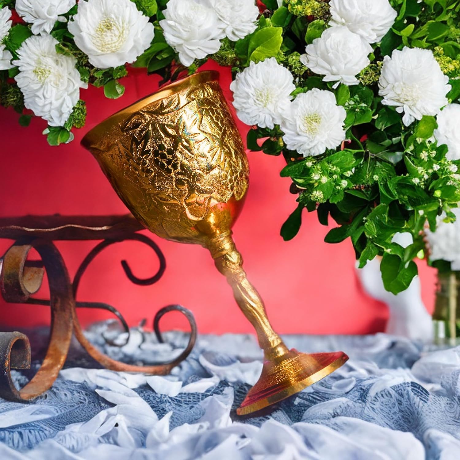 Gold Plated Brass Goblet with Blue Stone Accents view 2