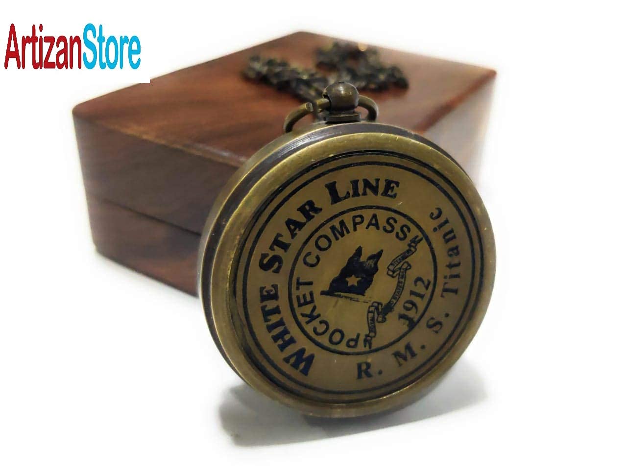 Antique Finish Compass, Wooden Box view 5