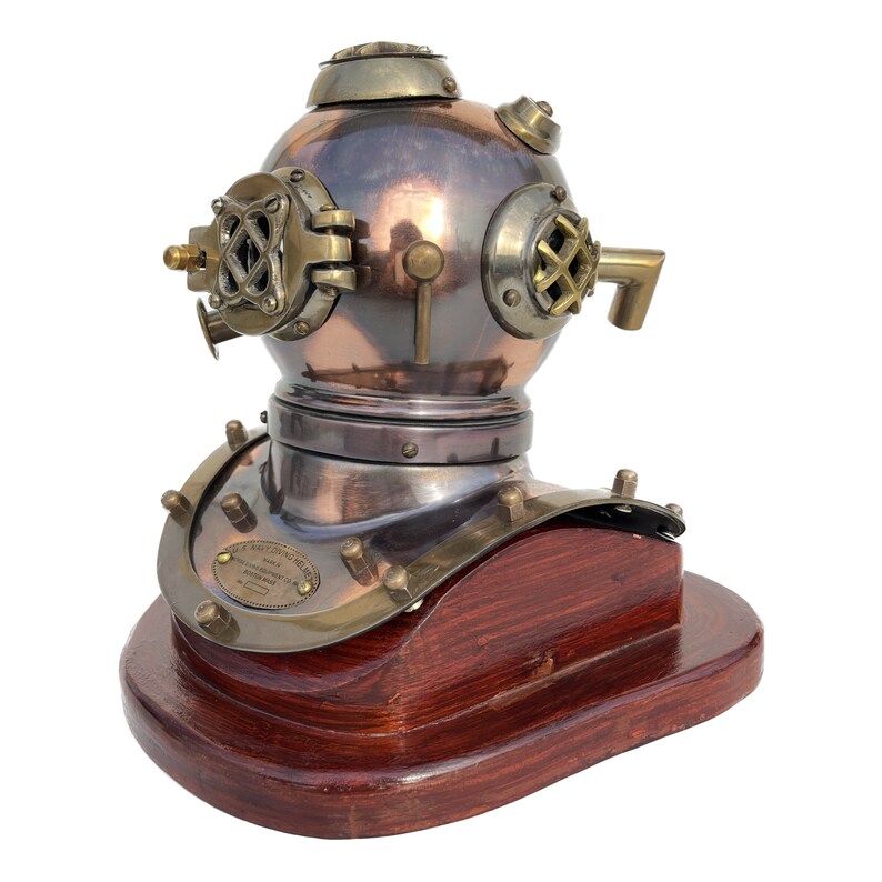 Antique Brass Diving Helmet Miniature with Wooden Base view 3