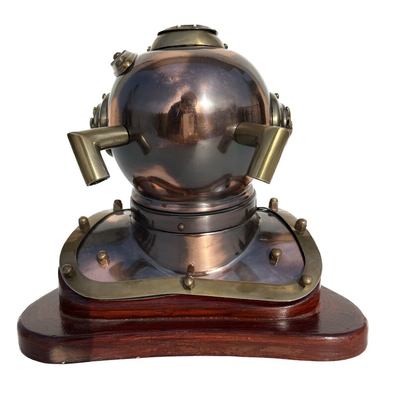 Antique Brass Diving Helmet Miniature with Wooden Base view 5