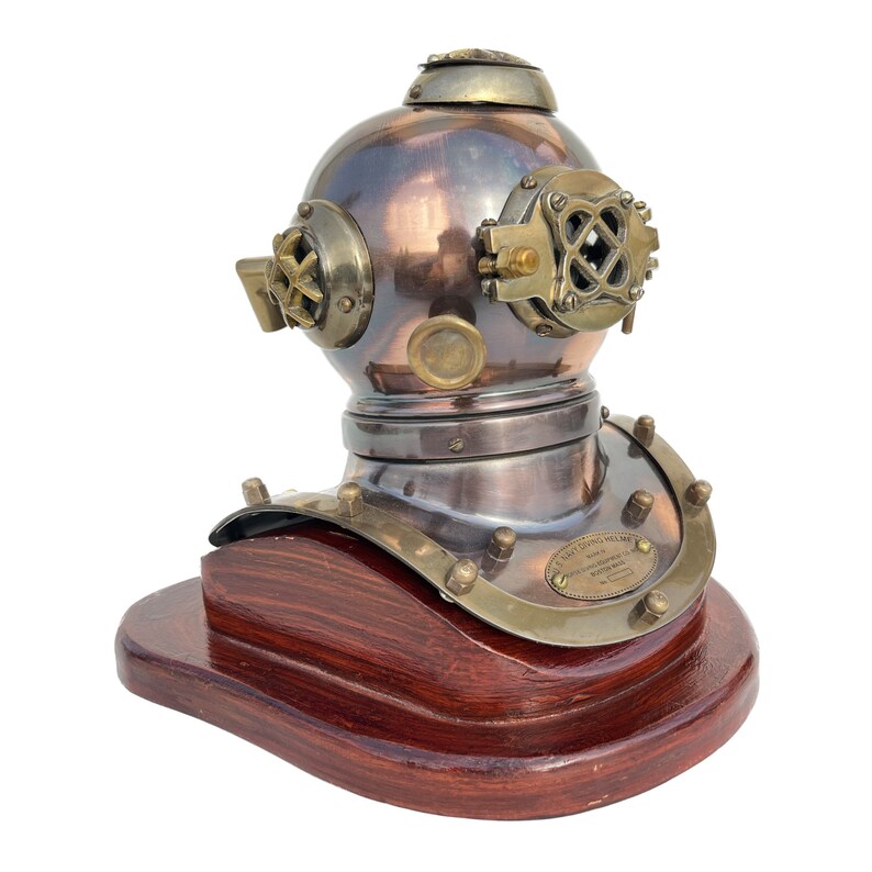 Antique Brass Diving Helmet Miniature with Wooden Base view 8
