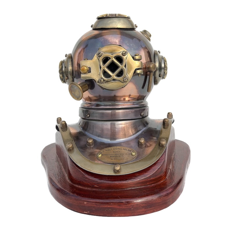 Antique Brass Diving Helmet Miniature with Wooden Base view 9