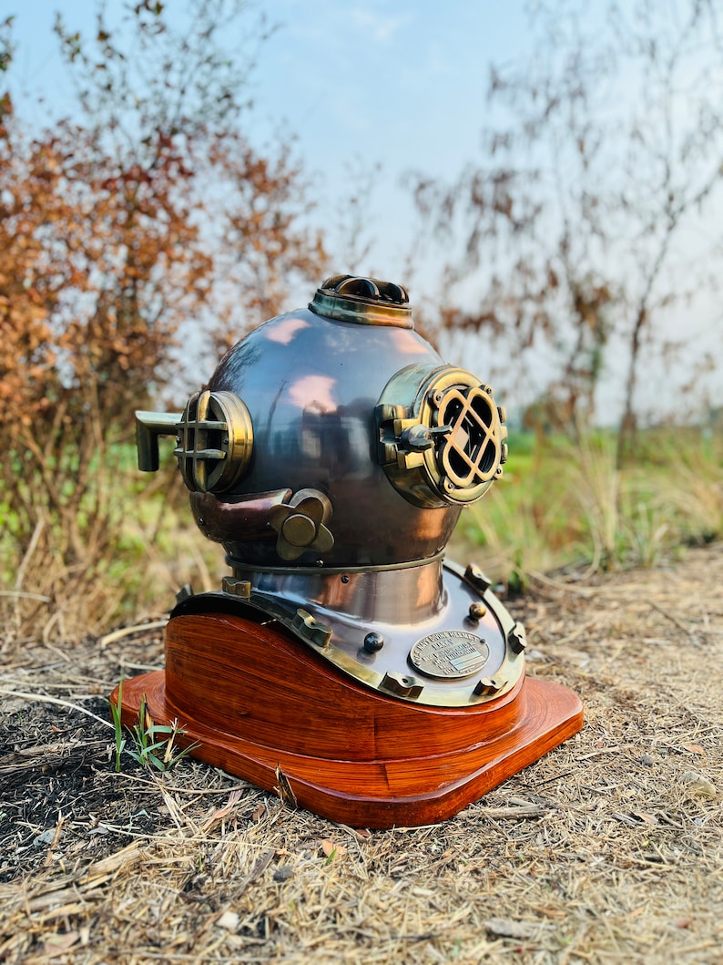 Mark V Diving Helmet with Reddish Brown Finish and Wooden Base view 5