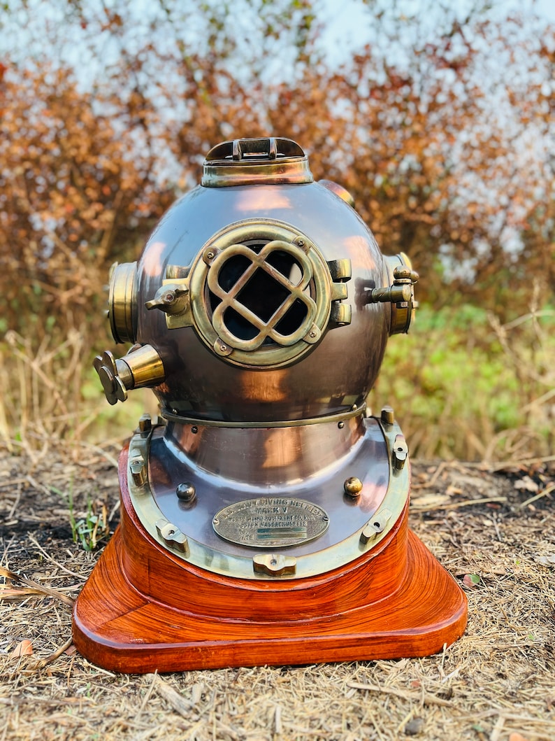 Mark V Diving Helmet with Reddish Brown Finish and Wooden Base view 6