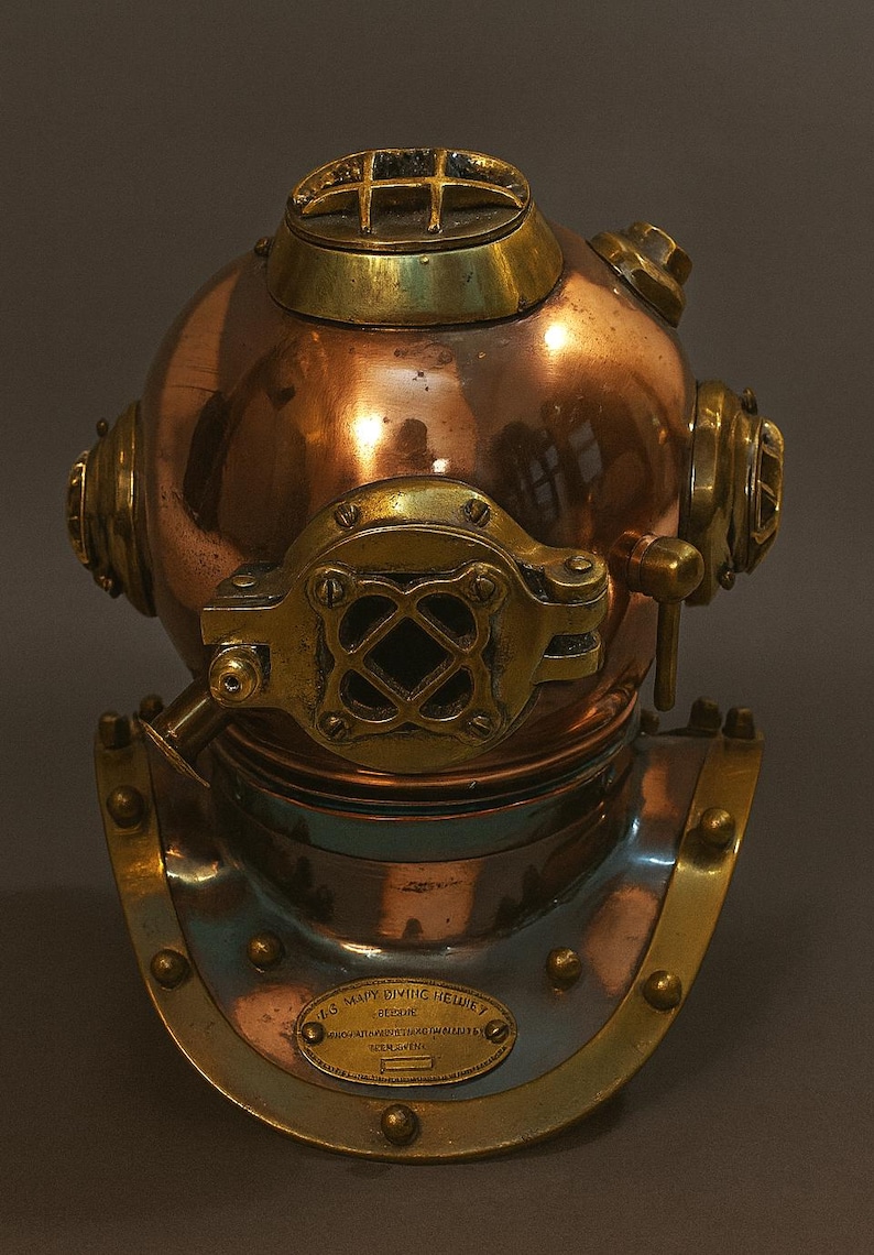 Antique Brass Diving Helmet Miniature with Wooden Display Stand view 3
