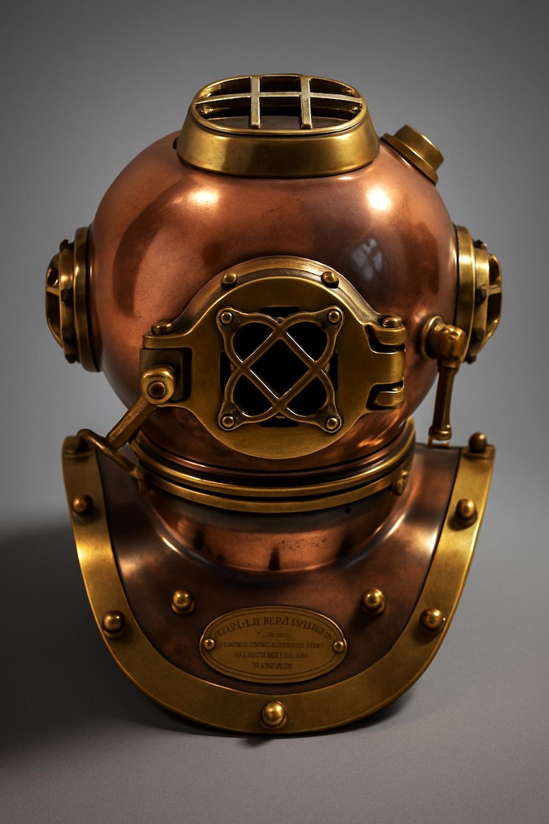 Antique Brass Diving Helmet Miniature with Wooden Display Stand view 4