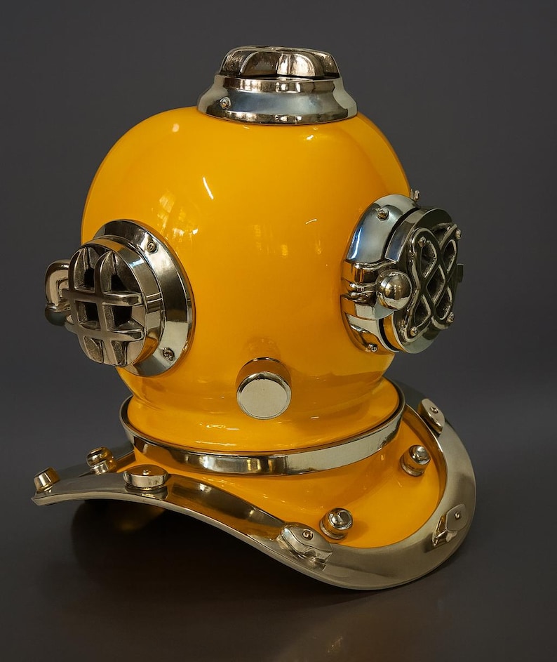 Mark V Diving Helmet with Yellow Finish and Chrome Nickel Highlights view 2