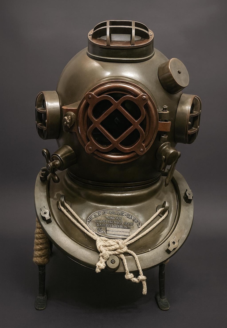 Mark V Diving Helmet with Antique Finish and Metal Stand view 11