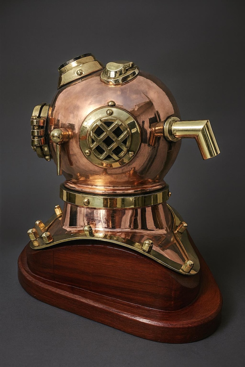 Brass Copper Diving Helmet with Polished Antique Finish and Wooden Base view 4