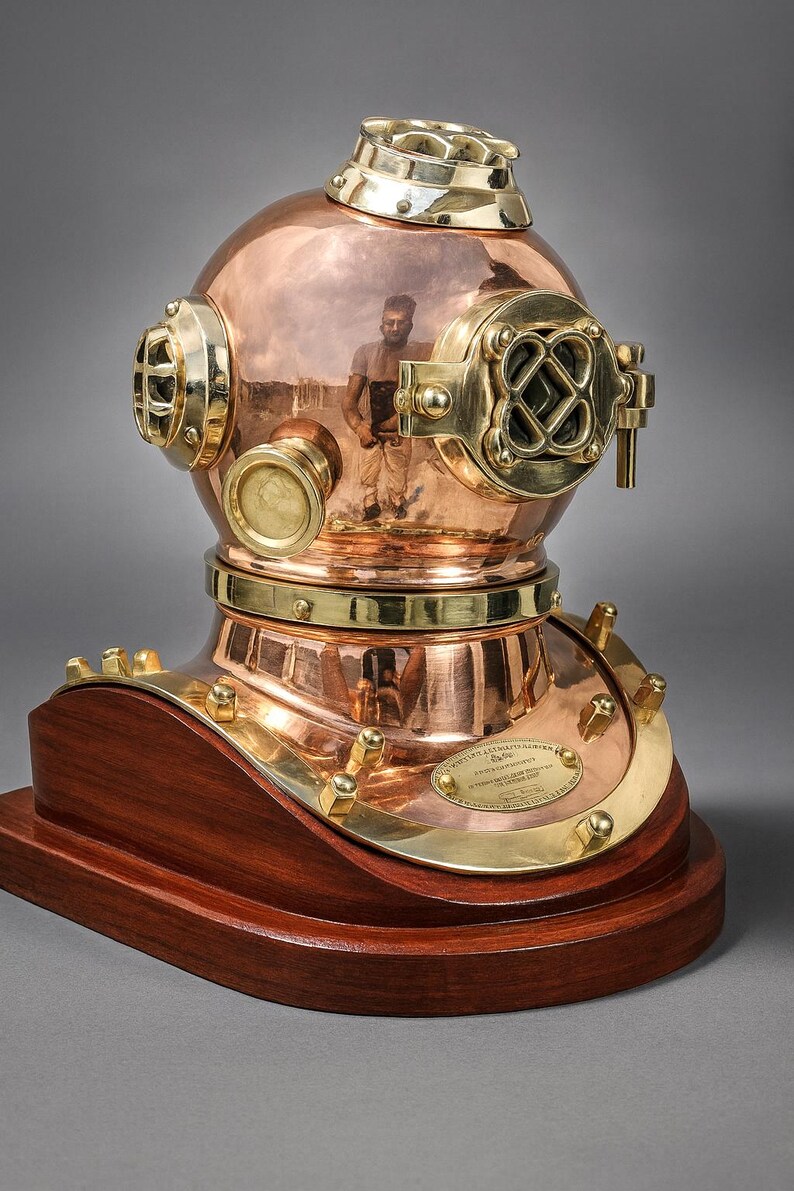 Brass Copper Diving Helmet with Polished Antique Finish and Wooden Base view 6