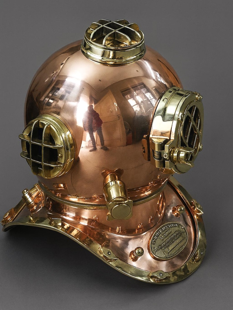 Brass Copper Diving Helmet with Polished Antique Finish and Wooden Base view 14