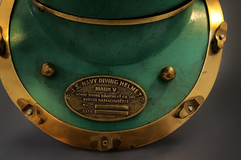 Mark V Diving Helmet with Aqua Blue Finish and Brass Highlights view 2