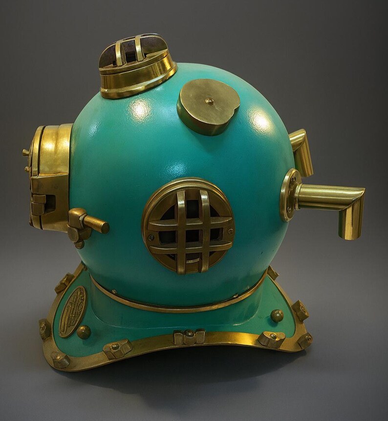 Mark V Diving Helmet with Aqua Blue Finish and Brass Highlights view 3