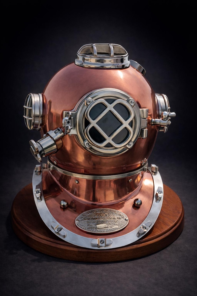 Mark V Diving Helmet with Copper Finish and Nickel Plated Brass Base view 2