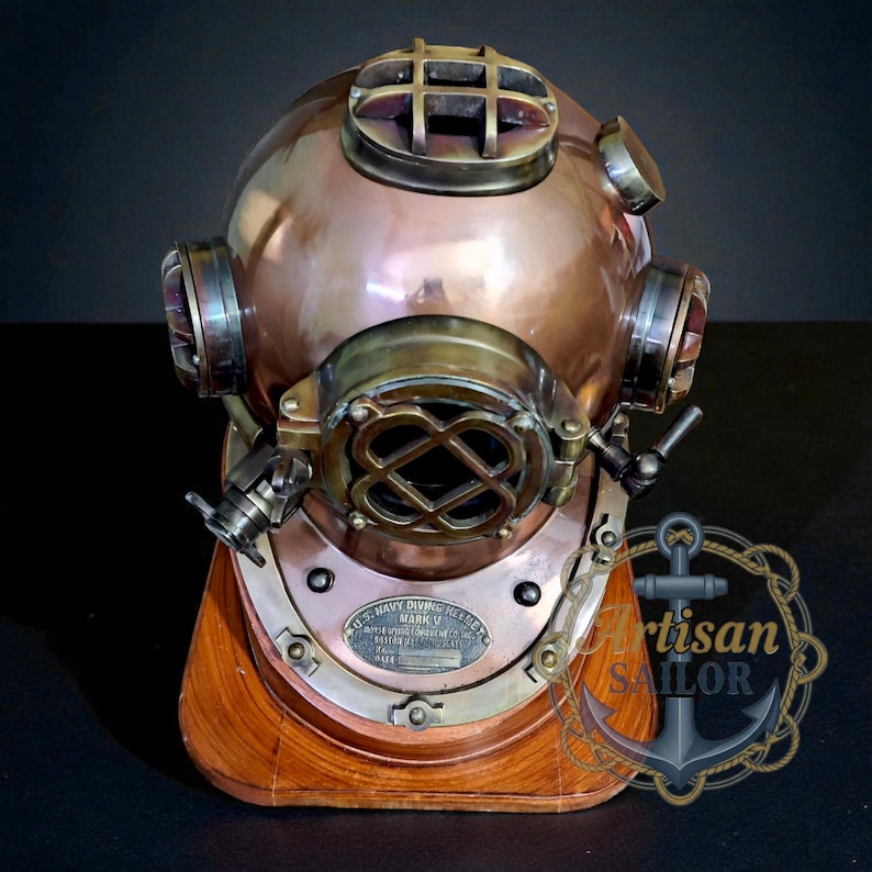 Copper Diving Helmet with Brown Antique Finish and Wooden Base view 4