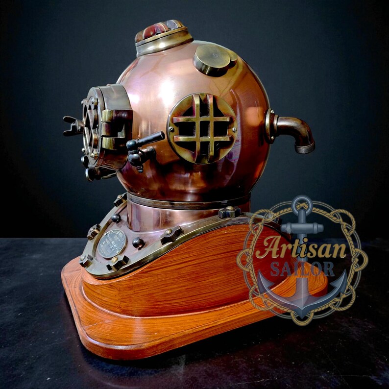 Copper Diving Helmet with Brown Antique Finish and Wooden Base view 6