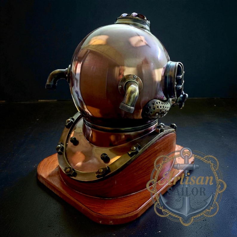 Copper Diving Helmet with Brown Antique Finish and Wooden Base view 8