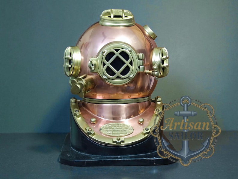 Copper Diving Helmet with Brown Antique Finish and Wooden Base view 11