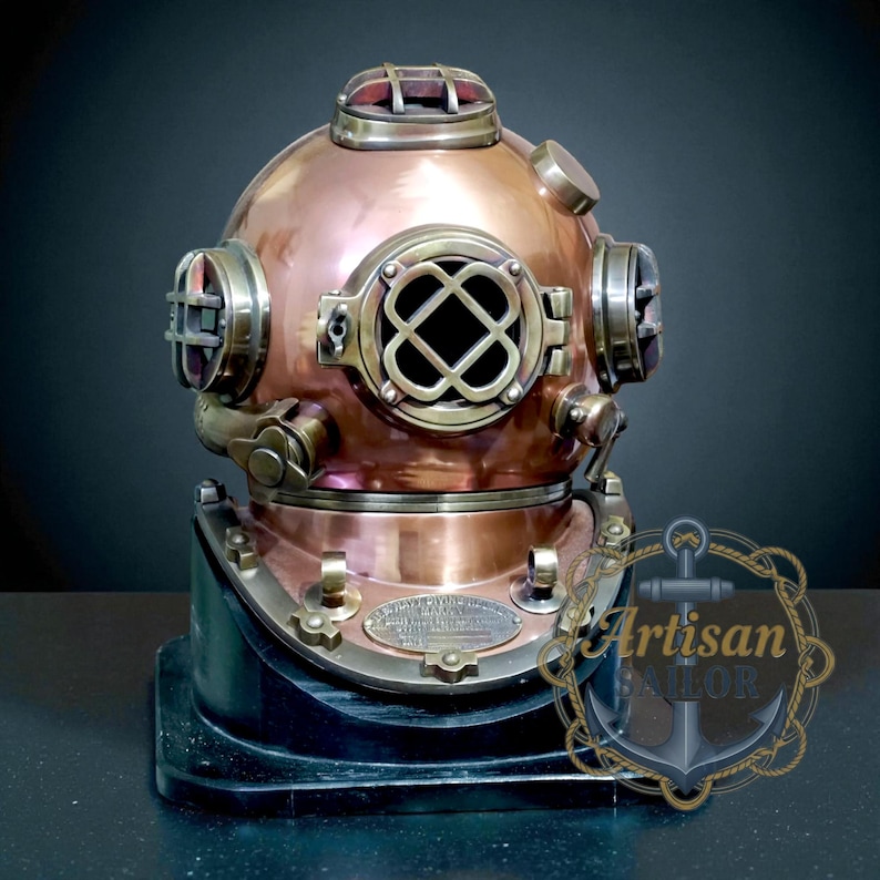Copper Diving Helmet with Brown Antique Finish and Wooden Base view 15