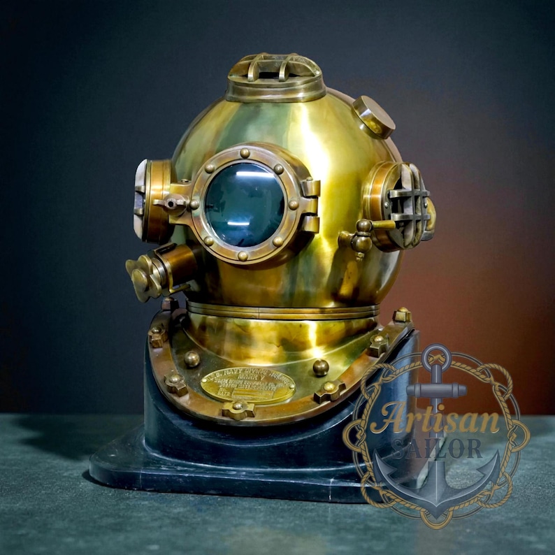 Copper Diving Helmet with Brown Antique Finish and Wooden Base view 19