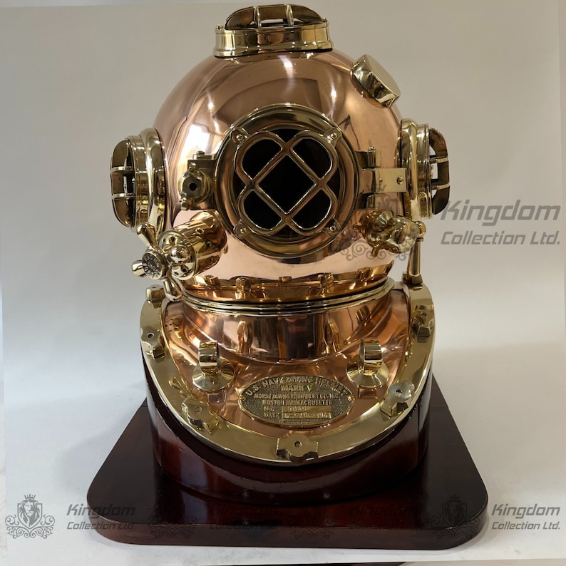 Copper Brass Diving Helmet with Polished Brass Finish and Dark Brown Base view 2