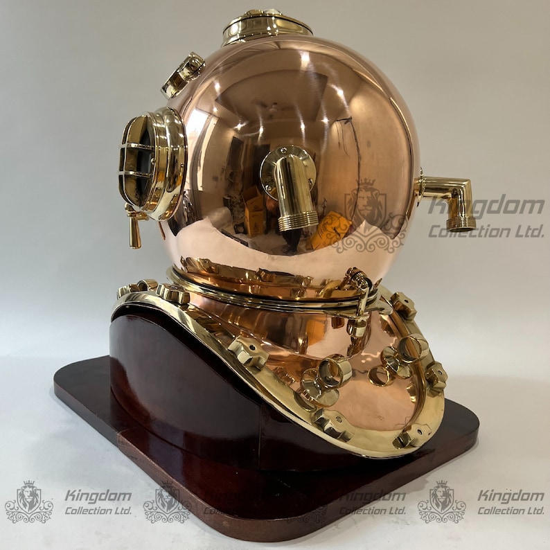 Copper Brass Diving Helmet with Polished Brass Finish and Dark Brown Base view 3