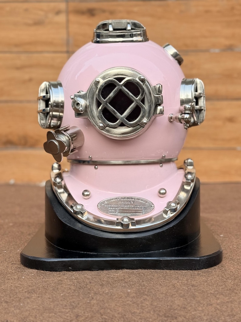 Deep Sea Diving Helmet with Baby Pink Finish and Black Wooden Base view 3