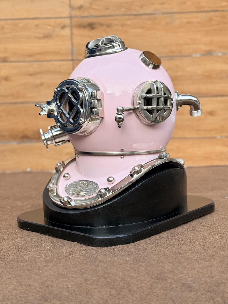 Deep Sea Diving Helmet with Baby Pink Finish and Black Wooden Base view 4