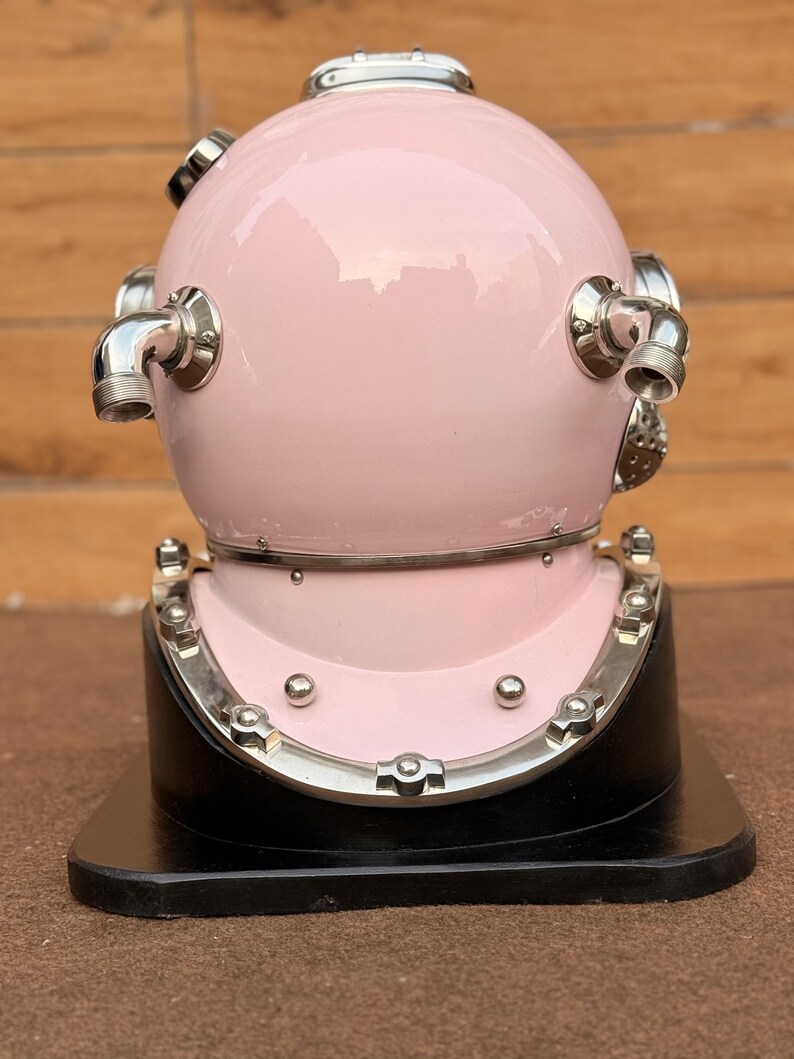 Deep Sea Diving Helmet with Baby Pink Finish and Black Wooden Base view 6