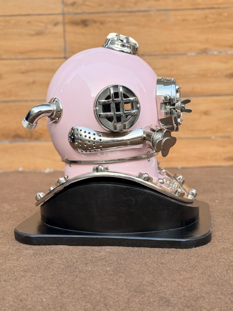Deep Sea Diving Helmet with Baby Pink Finish and Black Wooden Base view 7