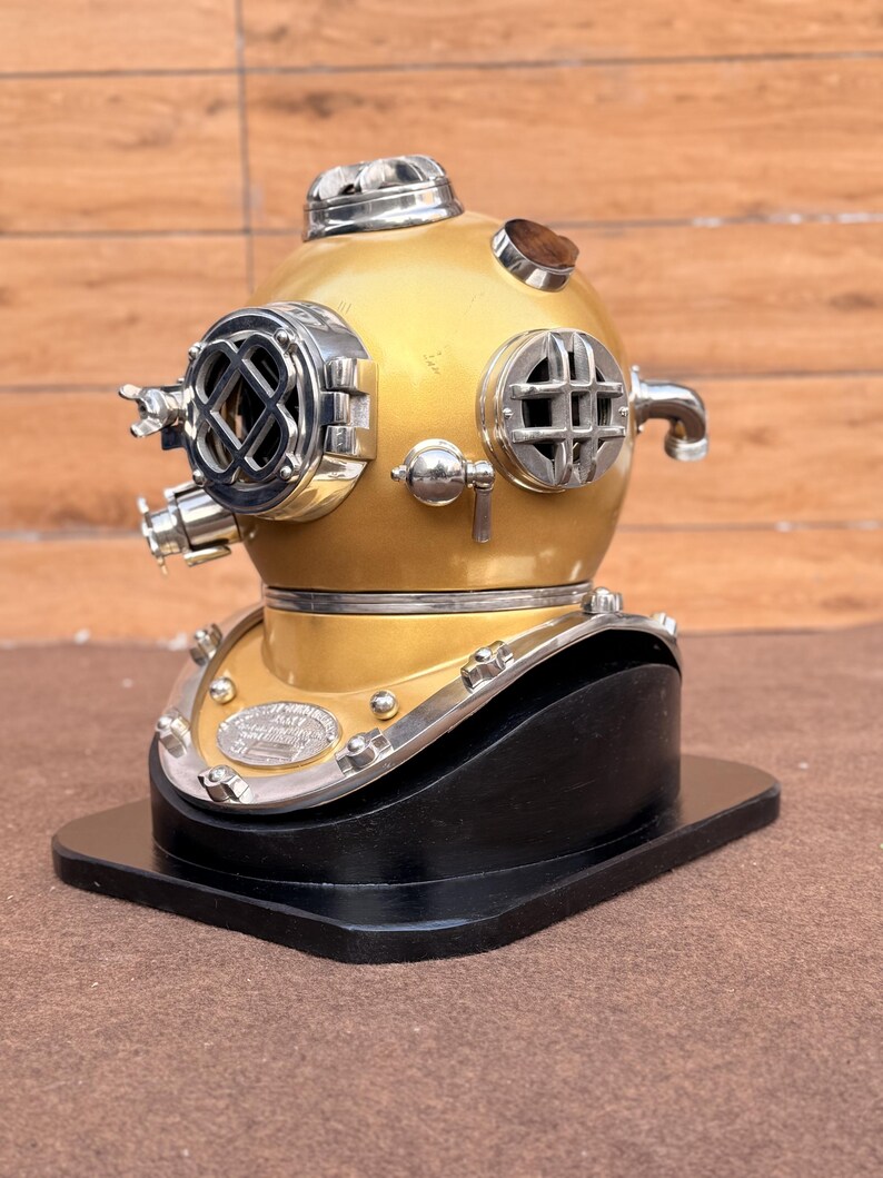 Diving Helmet with Mustard Finish and Chrome Nickel Highlights view 3